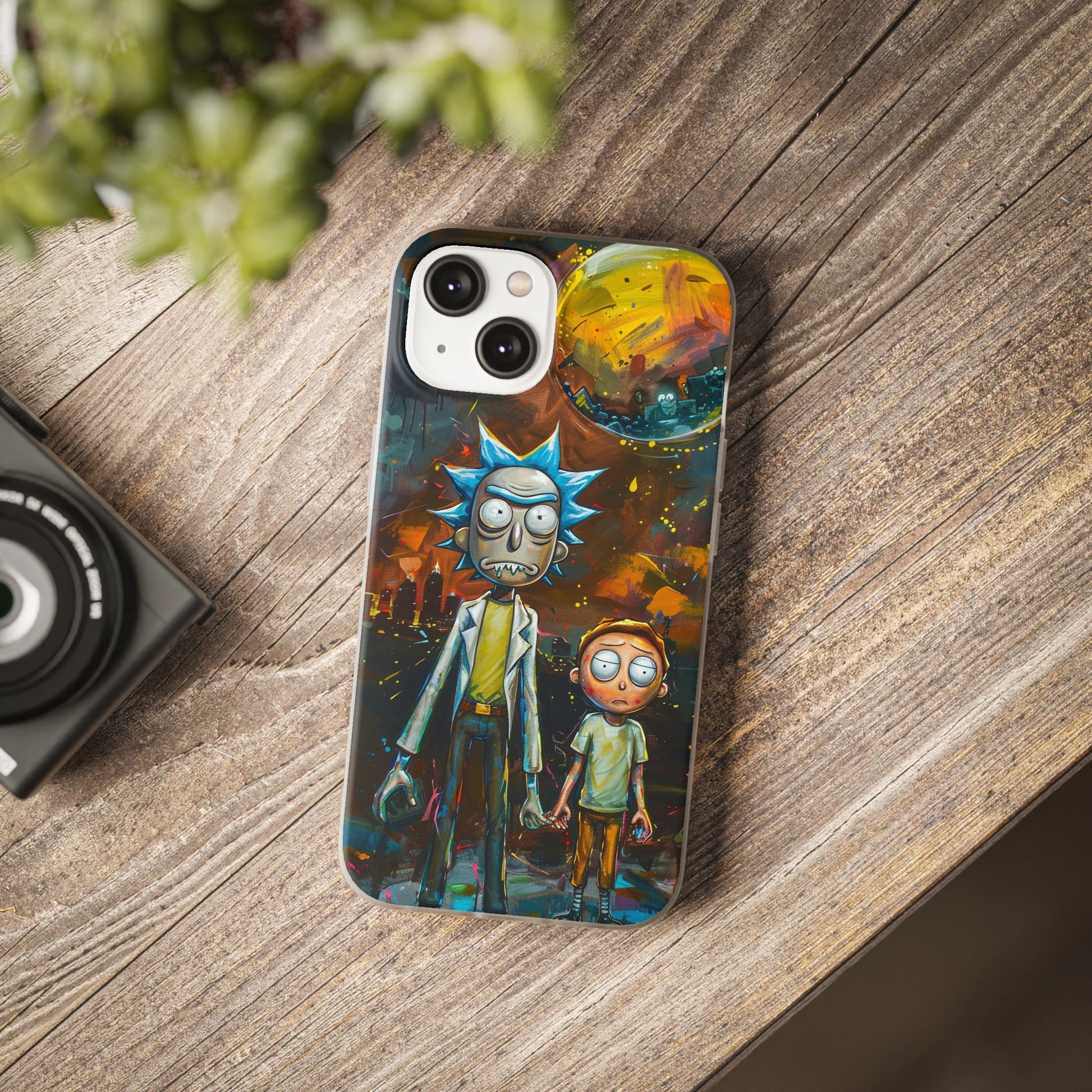 A slimeline phone case featuring a hyper-realistic illustration of Rick and Morty with intricate details and vibrant colors. The case offers a protective design.