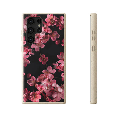 Pink on black flowers Biodegradable Phone Case | iPhone / Samsung