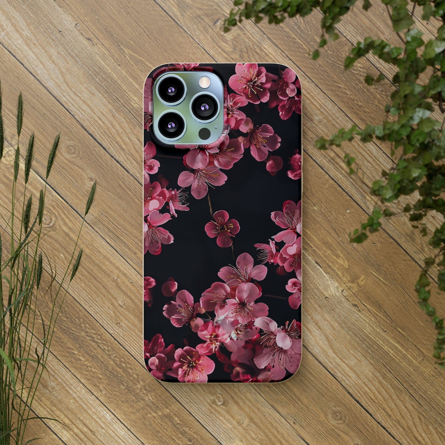 Pink on black flowers Biodegradable Phone Case | iPhone / Samsung