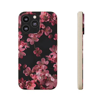 Pink on black flowers Biodegradable Phone Case | iPhone / Samsung