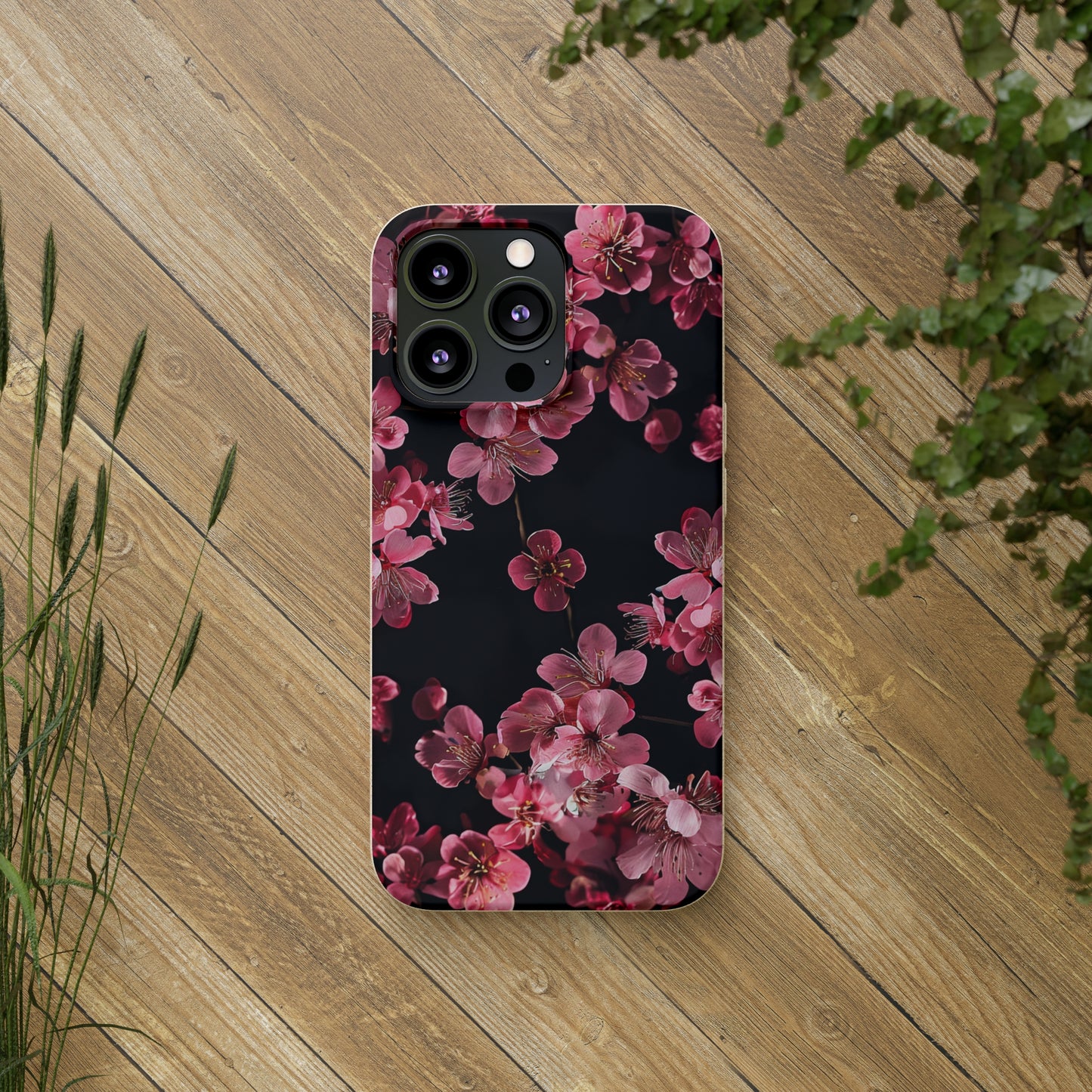 Pink on black flowers Biodegradable Phone Case | iPhone / Samsung