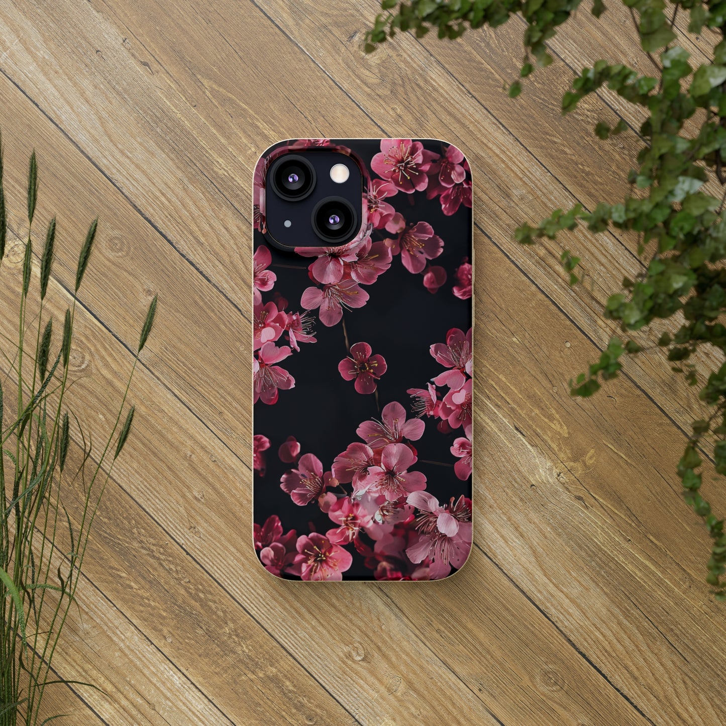 Pink on black flowers Biodegradable Phone Case | iPhone / Samsung