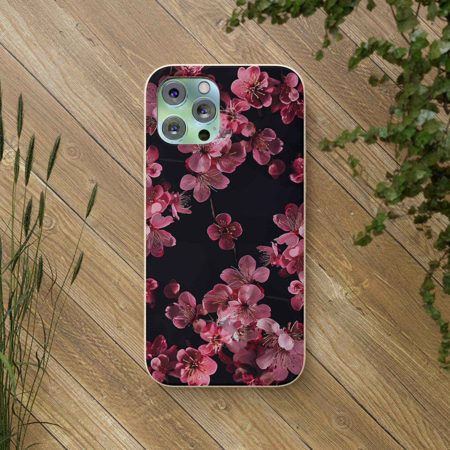 Pink on black flowers Biodegradable Phone Case | iPhone / Samsung